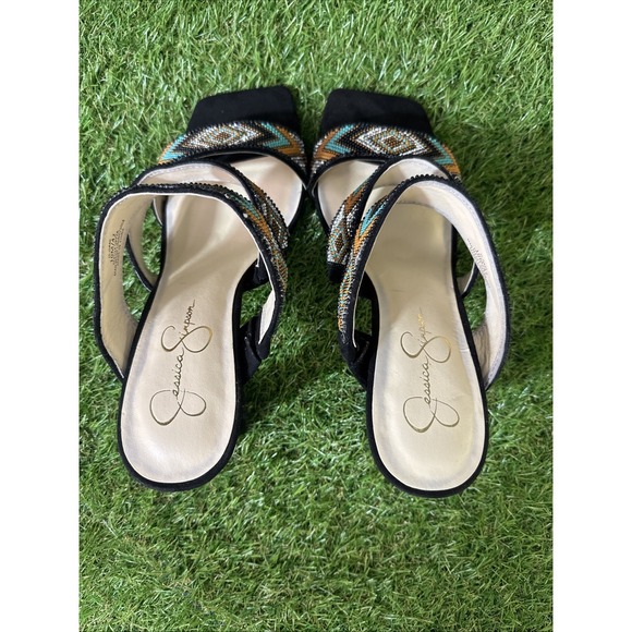 Jessica Simpson Aztec Beaded Heels Size 10M Black Square Toe Sandals - Picture 7 of 9